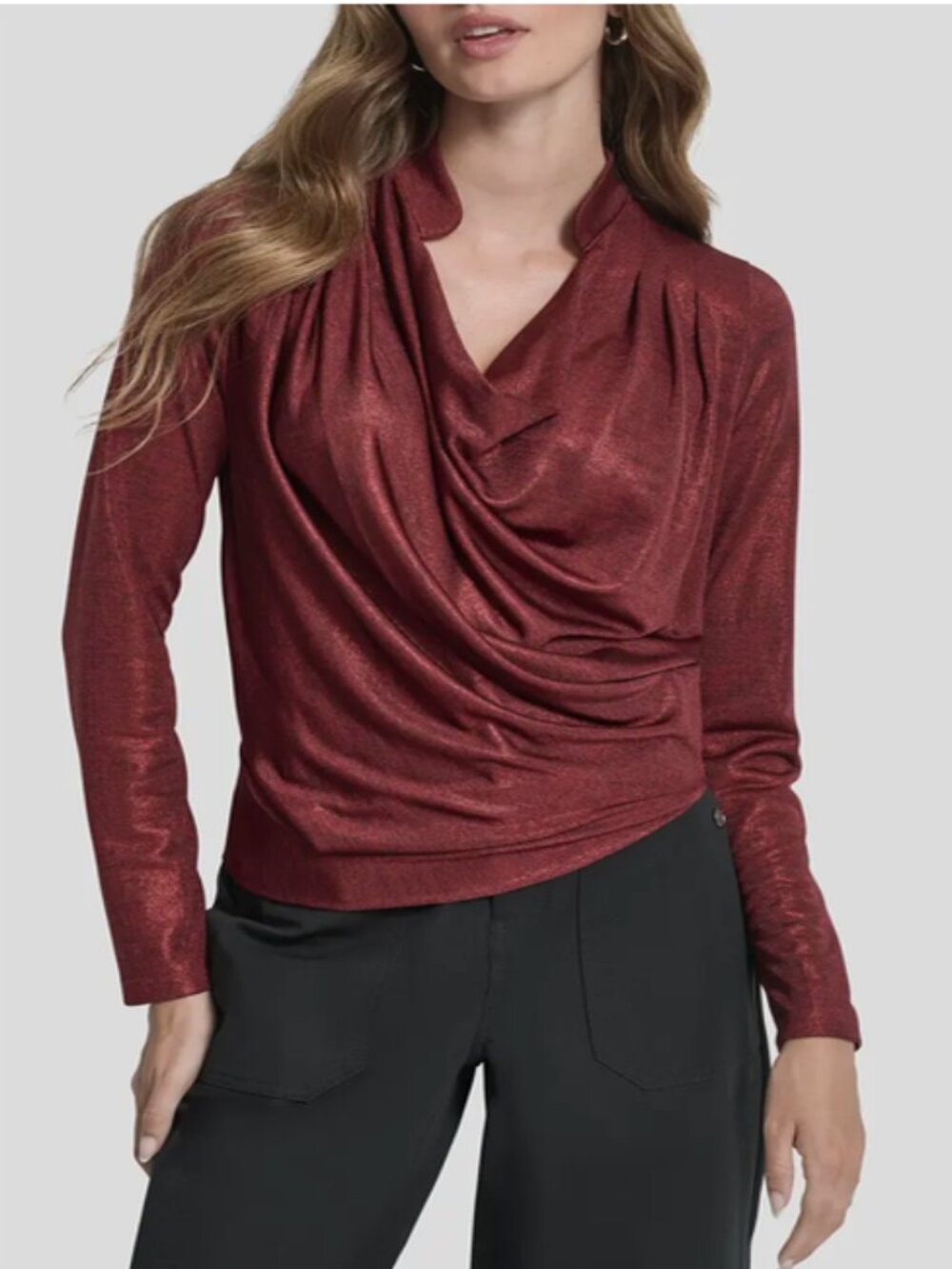 DKNY Donna Karan Women’s Merlot Foil Cowl Neck Long Sleeve Top Blouse Size M